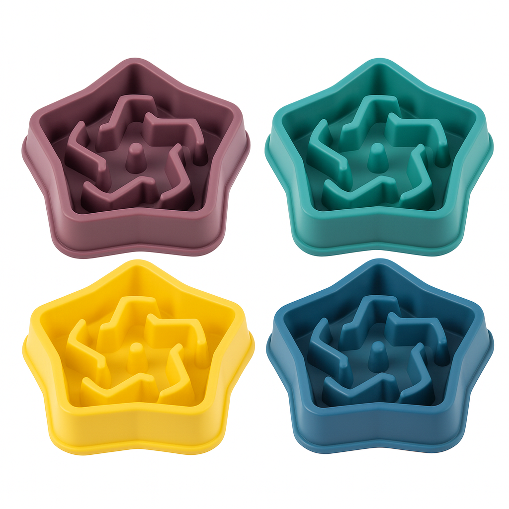 Four star-shaped silicone pet slow feeder in different colors on a white background