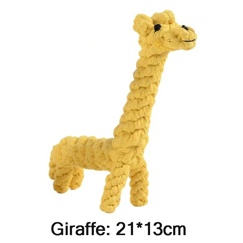 Yellow giraffe-shaped rope toy on a white background
