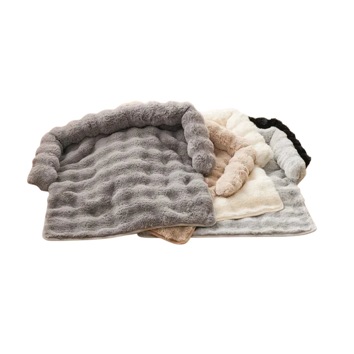 Plush rectangular dog beds in multiple colors, featuring soft wavy quilting and raised cushioned edges for comfort.
