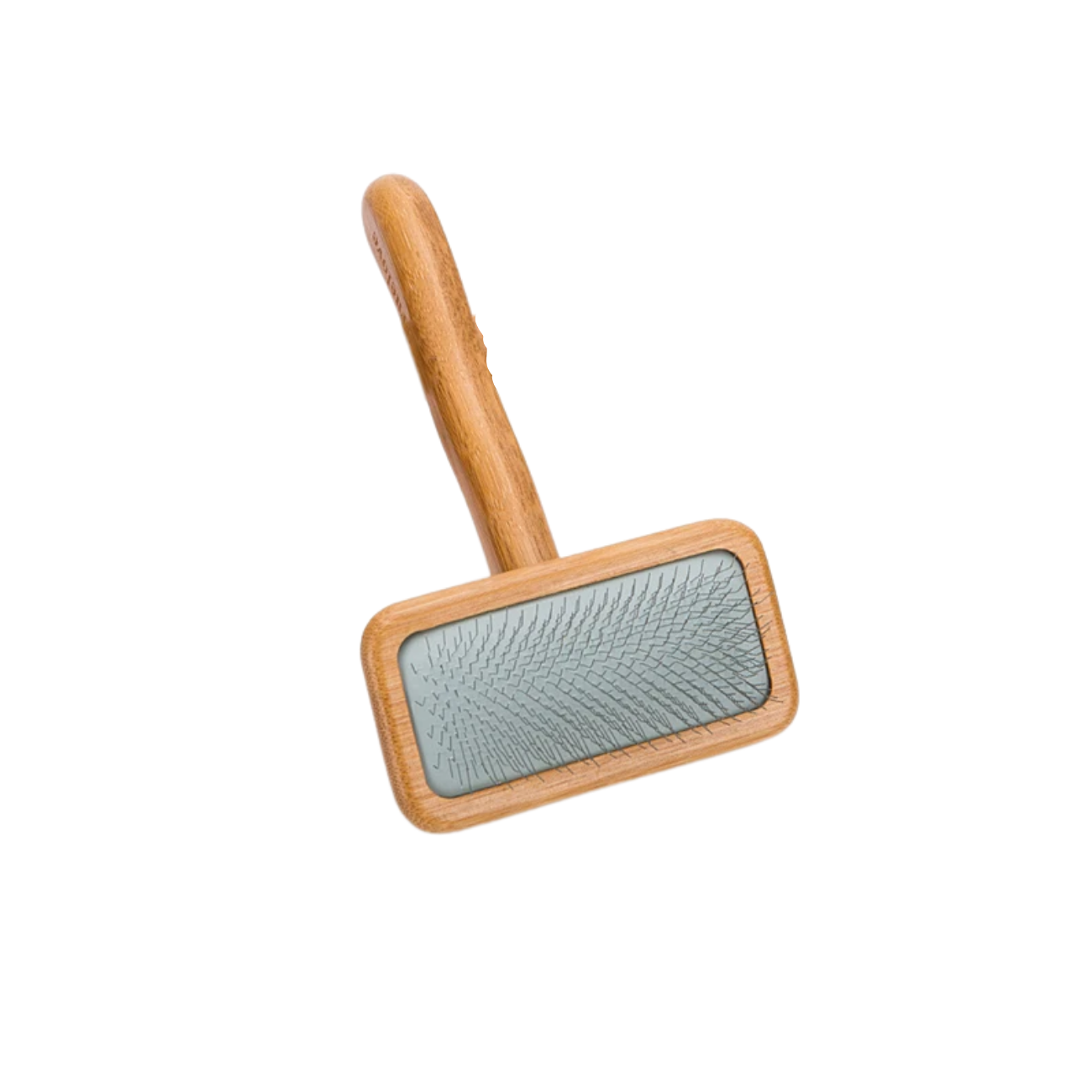 Pet grooming brush with wooden handle and metal surface on a white background
