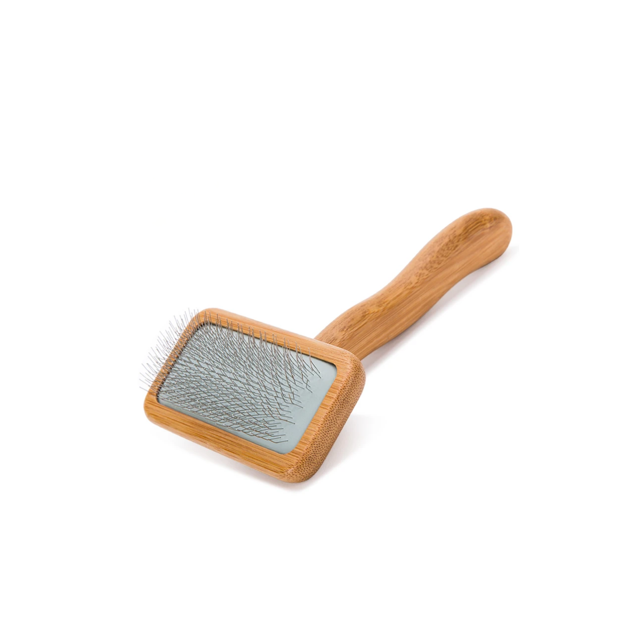Bamboo pet brush with metal surface on a white background