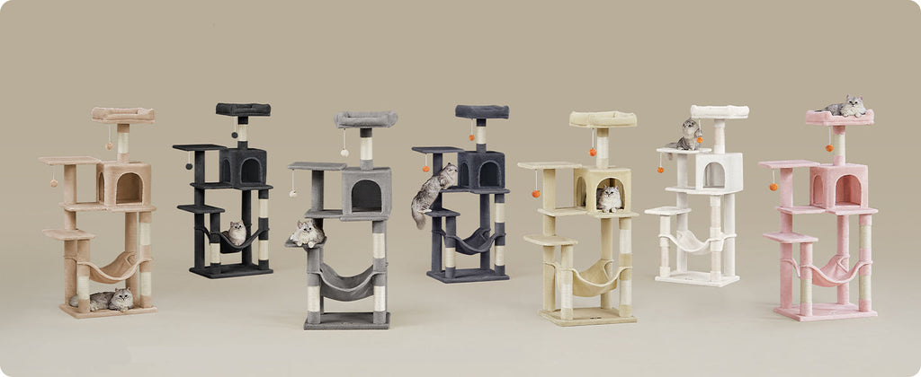 Set of cat trees in various colors on a beige background