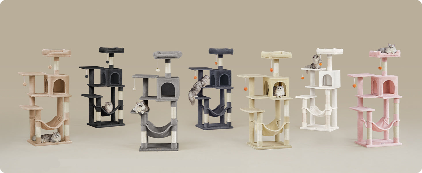 Set of cat trees in various colors on a beige background