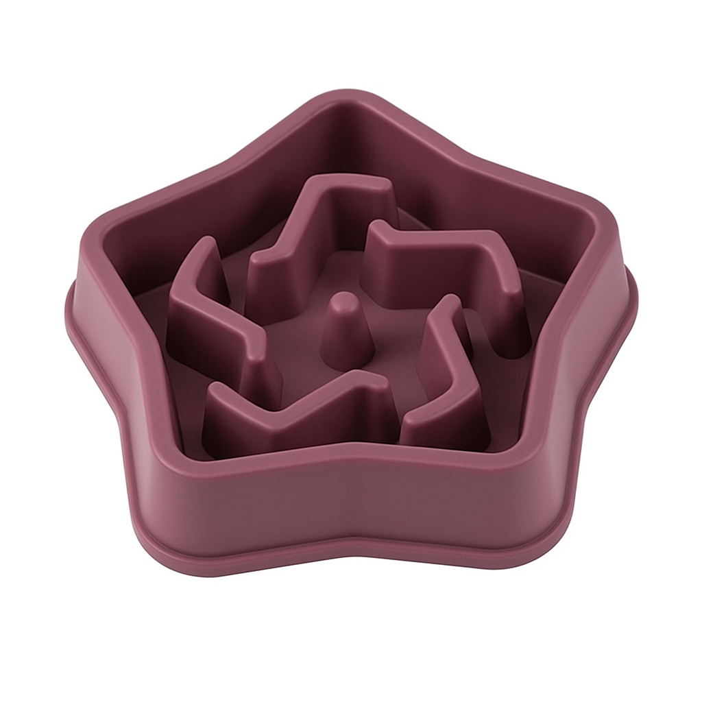 Purple silicone puzzle feeder on a white background