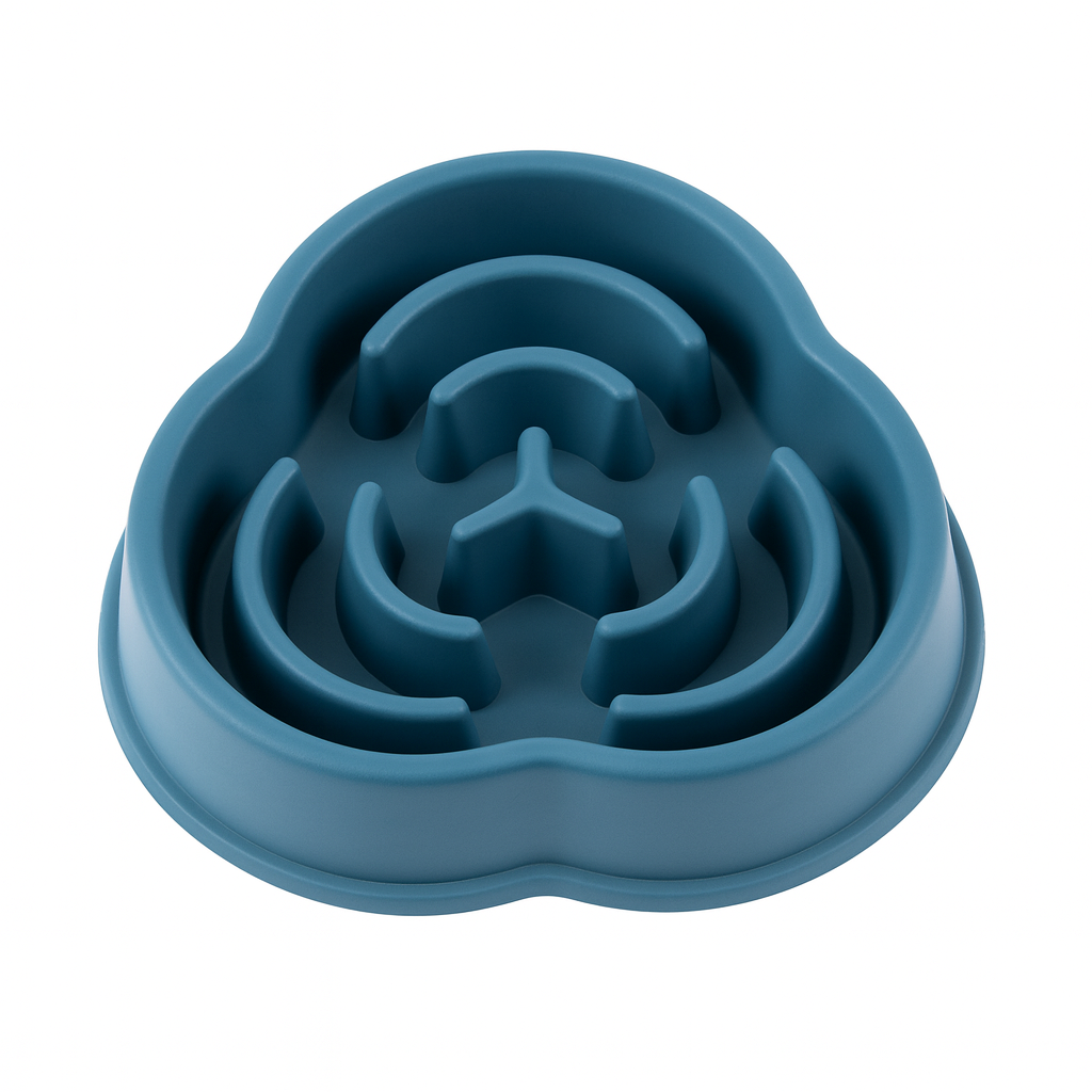 Blue petal shaped silicone pet feeder with a maze design on a white background