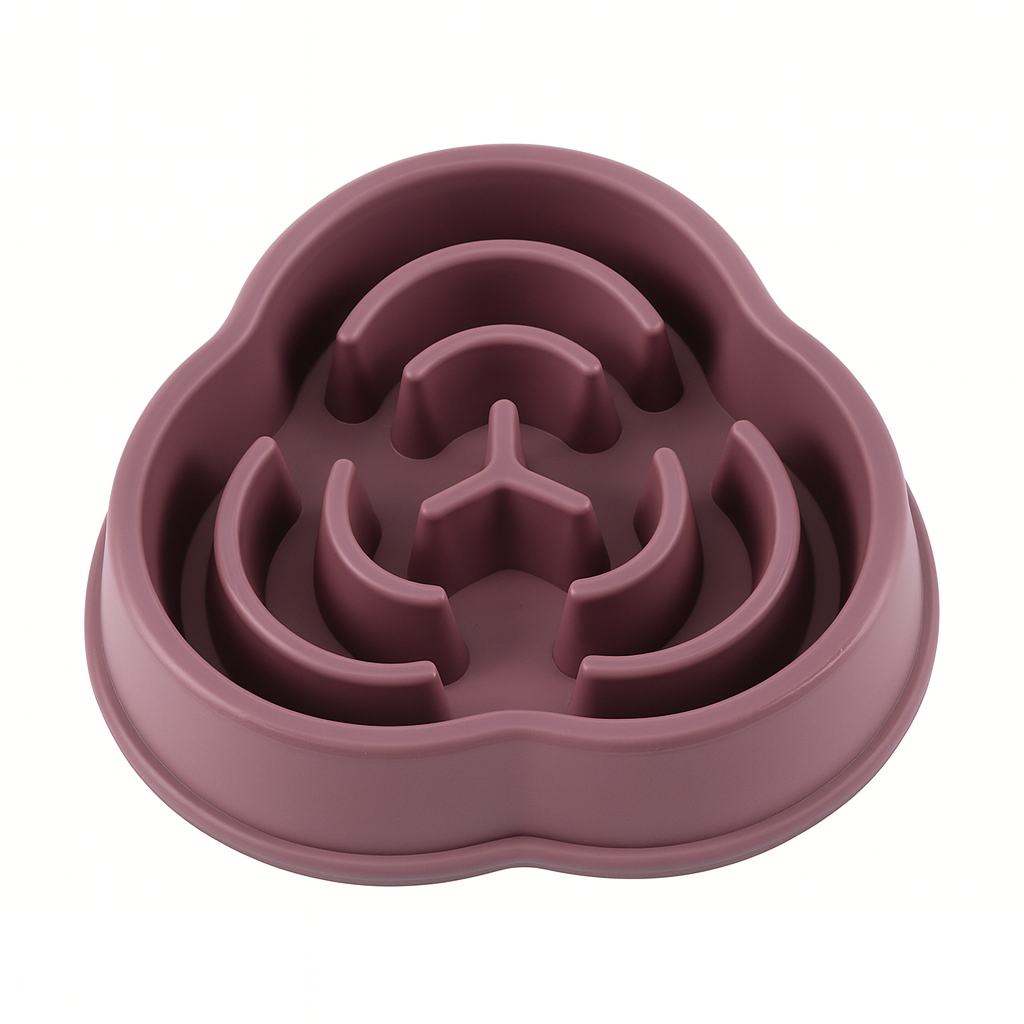 Purple silicone pet feeder with a petal-shaped design on a white background