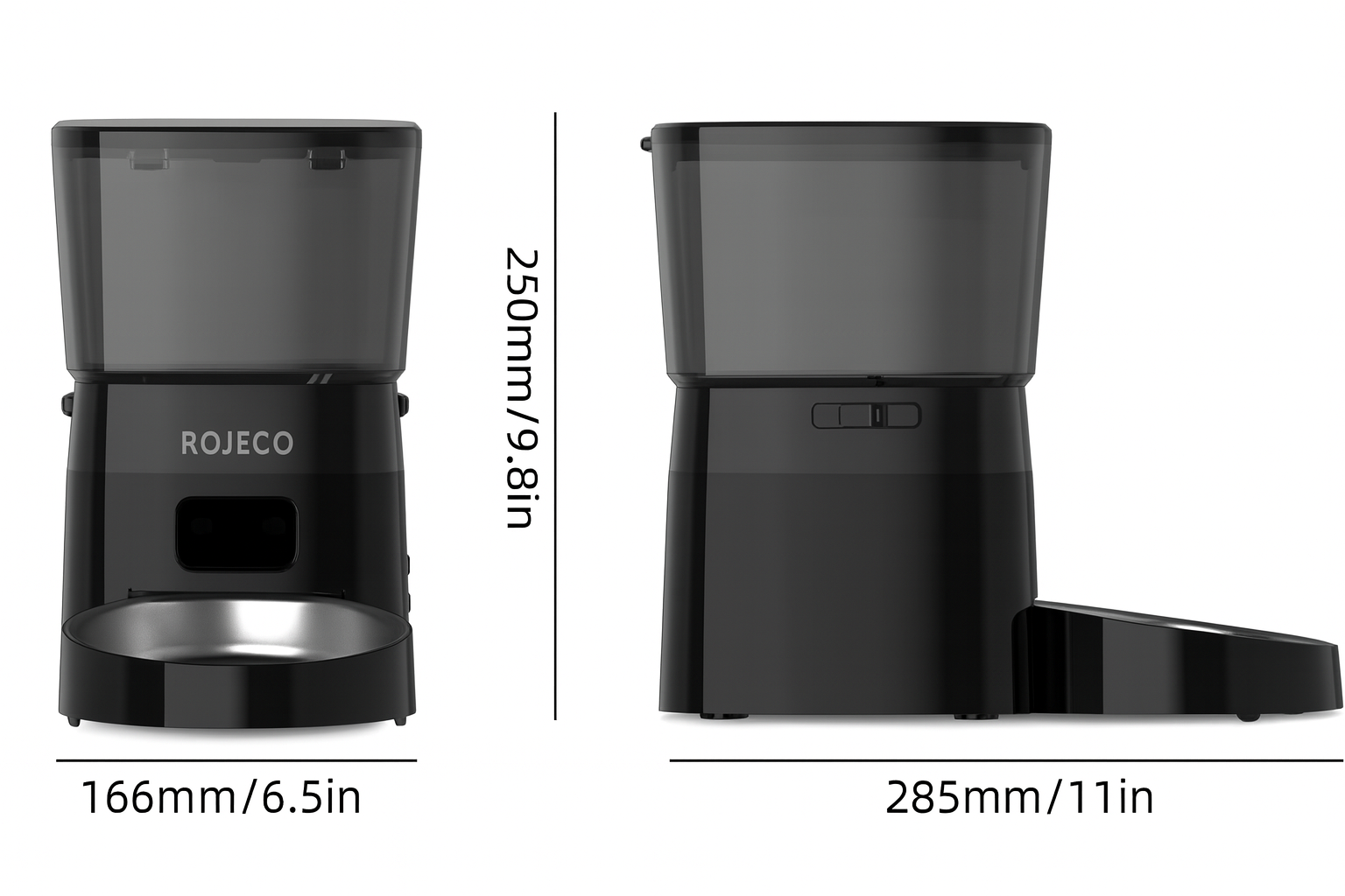 Rojeco pet feeder with dimensions labeled on a white background
