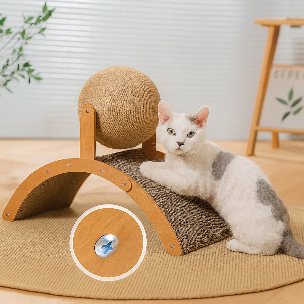 Cat sitting on a wooden and sisal-wrapped cat scratcher with a plant and wooden furniture in the background.