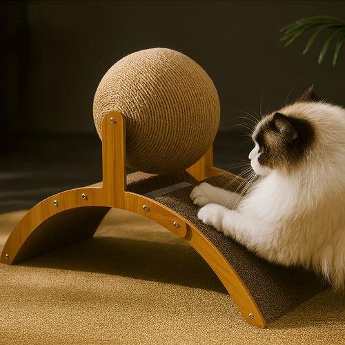 Cat playing with a wooden scratching post with a spherical top on a dark background