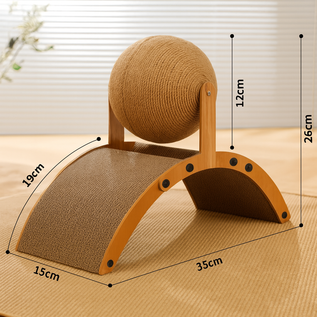 Wooden cat toy with a ball on top, shown with dimensions on a neutral background