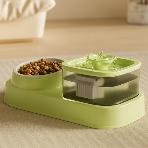 Green pet food and water bowl combo with 1L transparent water fountain.