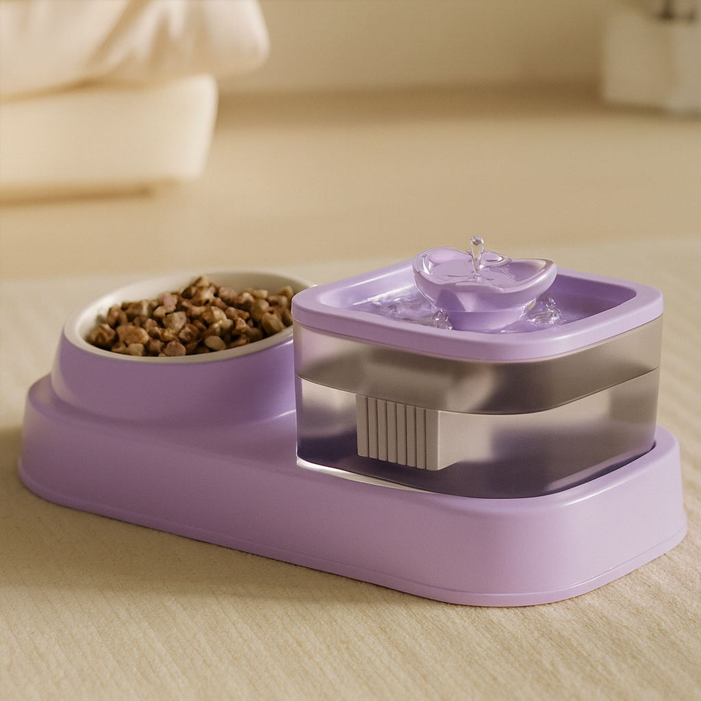 Purple 2-in-1 pet feeder with circulating water fountain and food bowl.