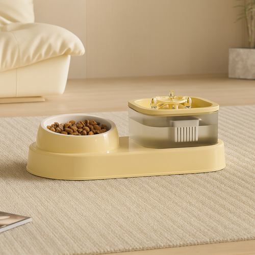 Yellow 2-in-1 pet feeder with tilted food bowl and water fountain for cats and dogs.