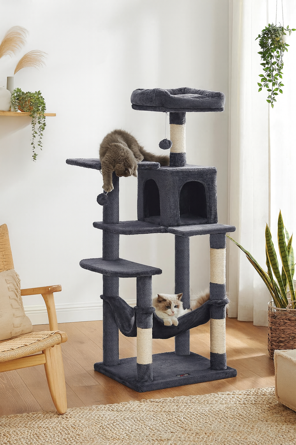Cat tree with two cats in a living room setting