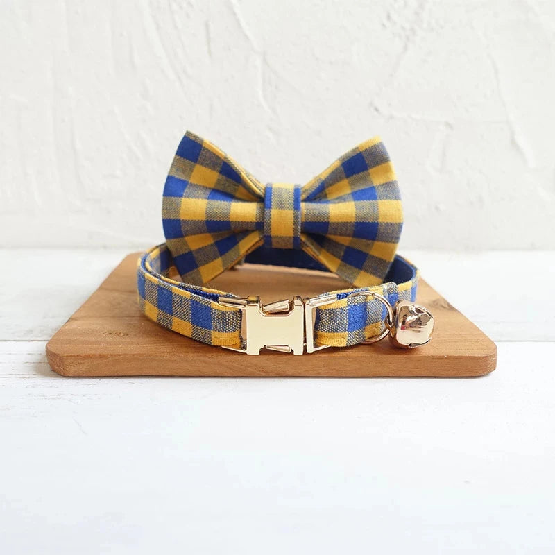 Blue and Yellow Plaid dog collar with detachable bow tie and gold buckle.