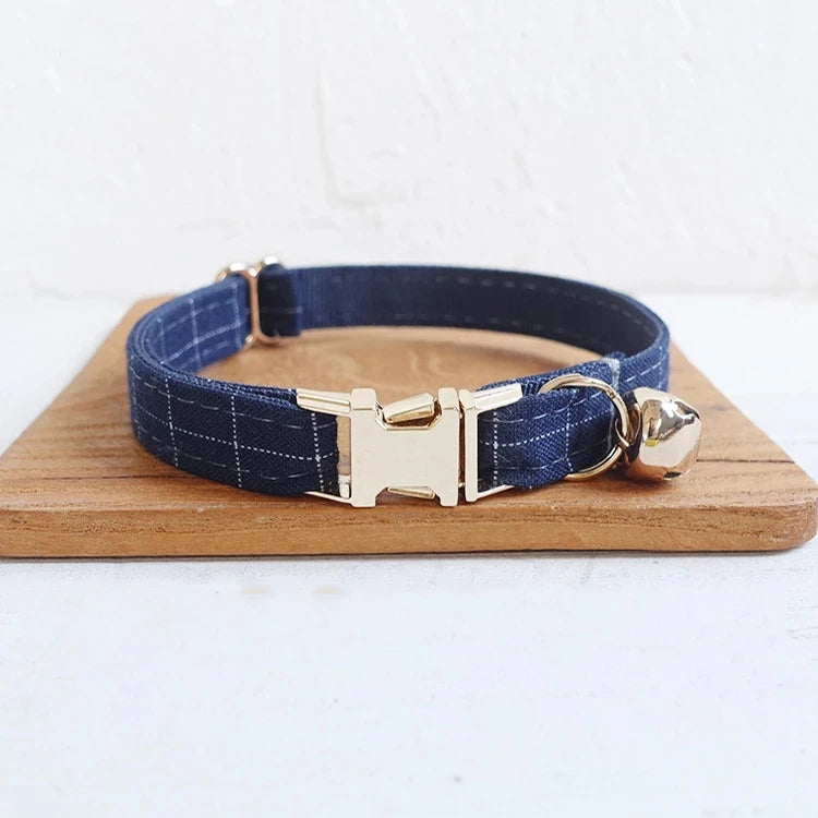 Blue plaid pet collar with stainless steel buckle and D-ring, without bow tie.