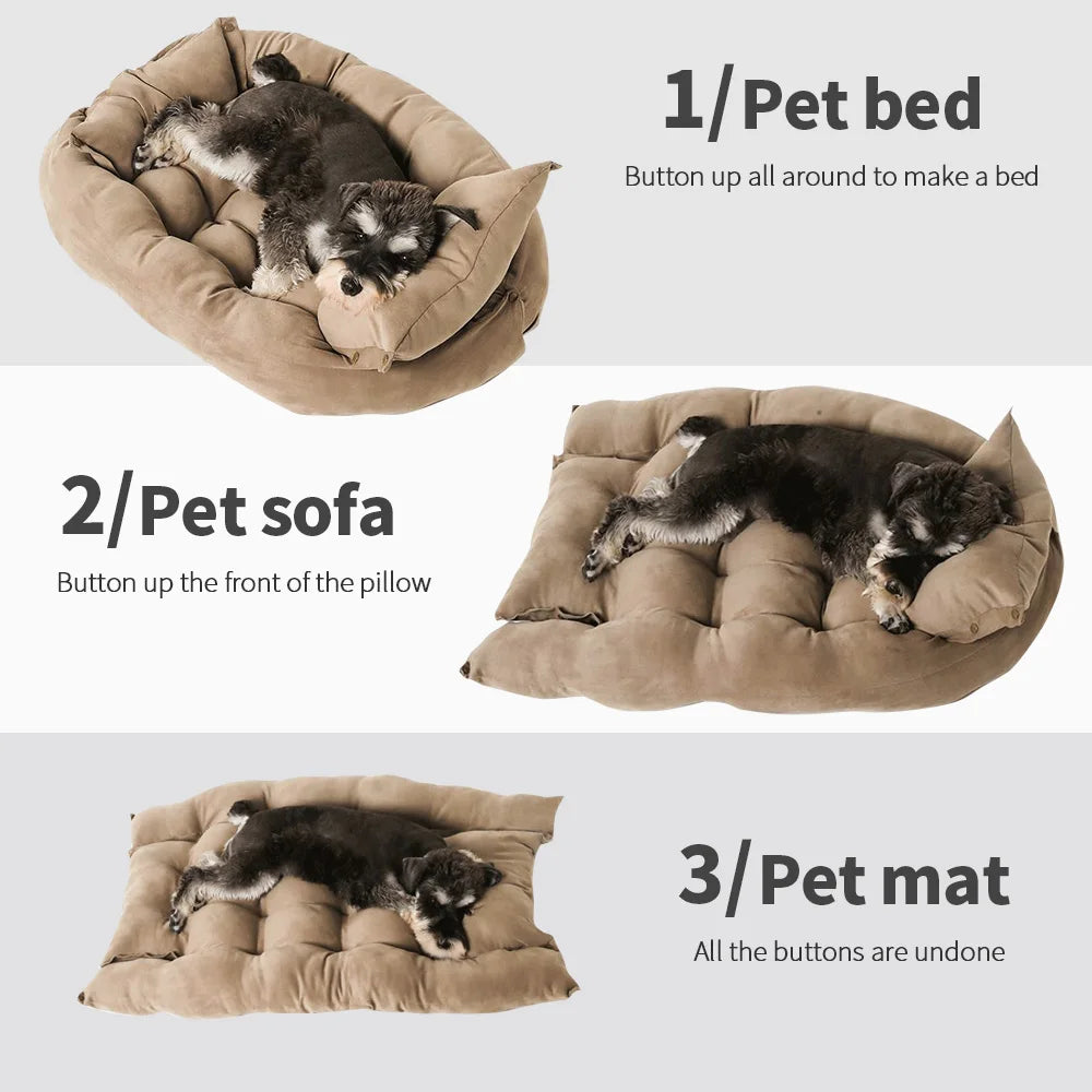 Instruction image showing the three uses: pet bed (all sides buttoned up), pet sofa (front unbuttoned), and pet mat (all buttons undone).
