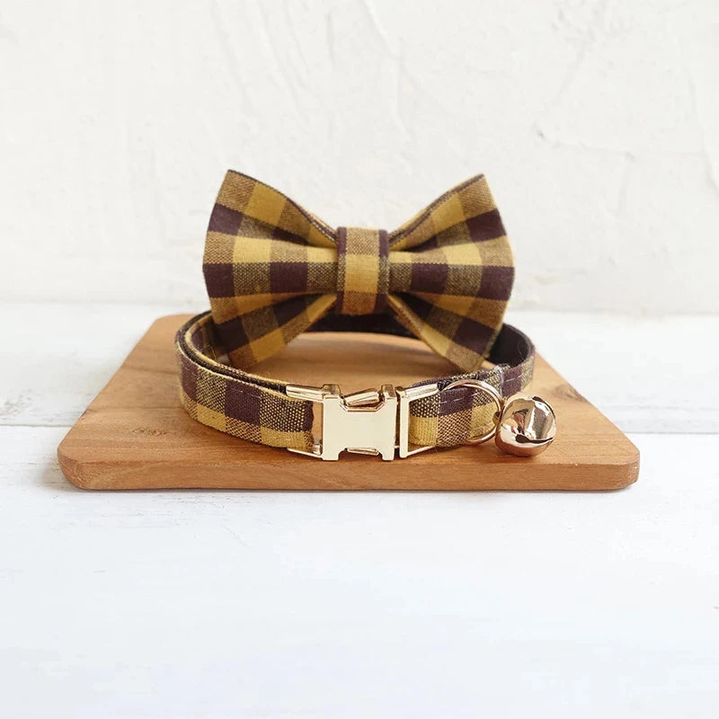 Brown plaid bow tie dog collar set with bell.