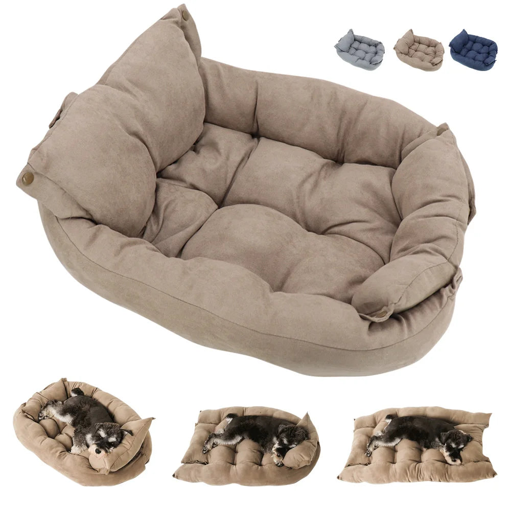 A beige cushioned convertible pet bed shown in its raised form with smaller images below of different configurations.