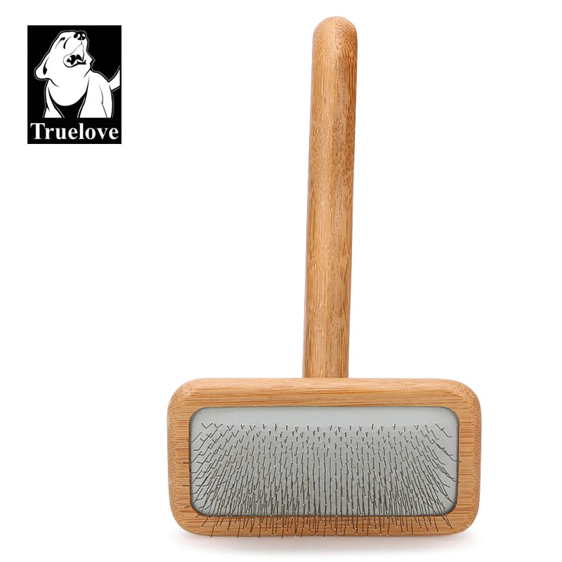 Close-up of bamboo pet slicker brush with angled bristles