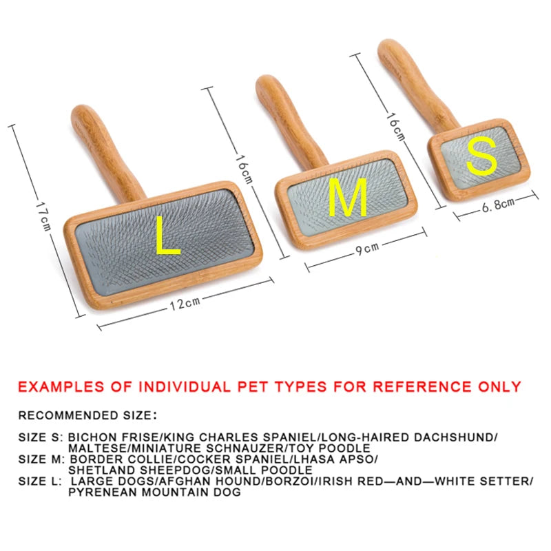 Three dog grooming brushes with measurements and size recommendations on a white background