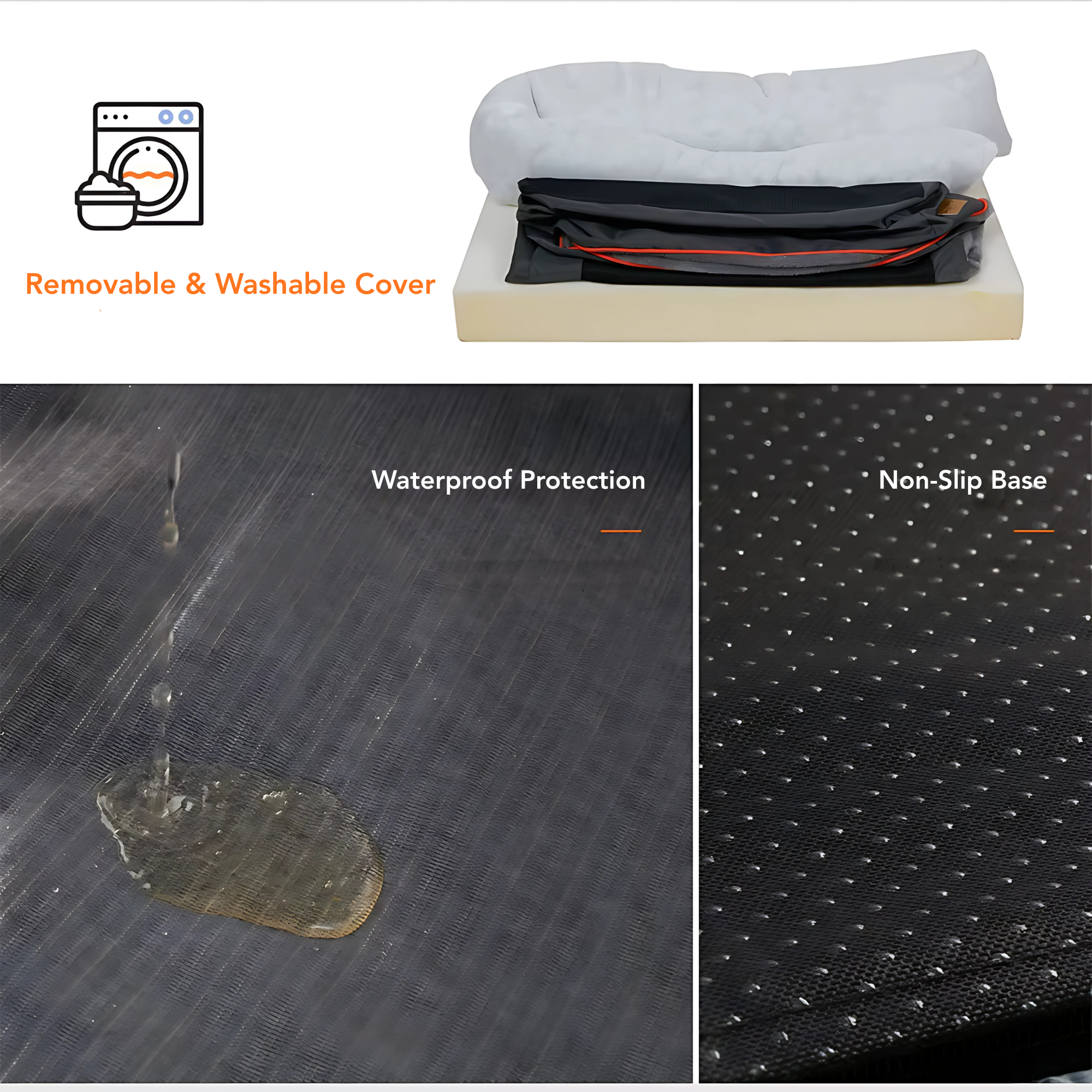 Mattress with removable cover, waterproof protection, and non-slip base features.