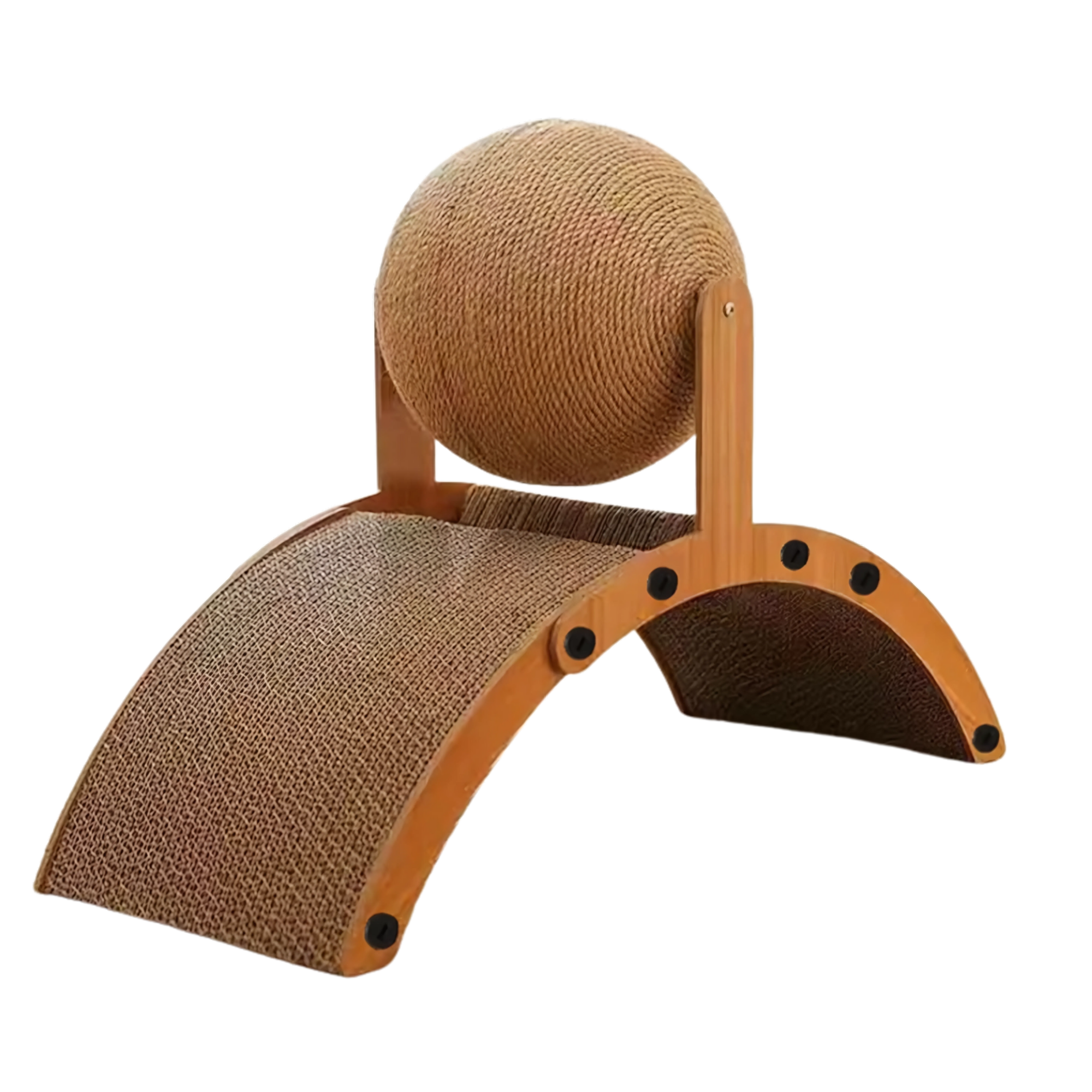 Cat scratcher with a ball on top on a white background