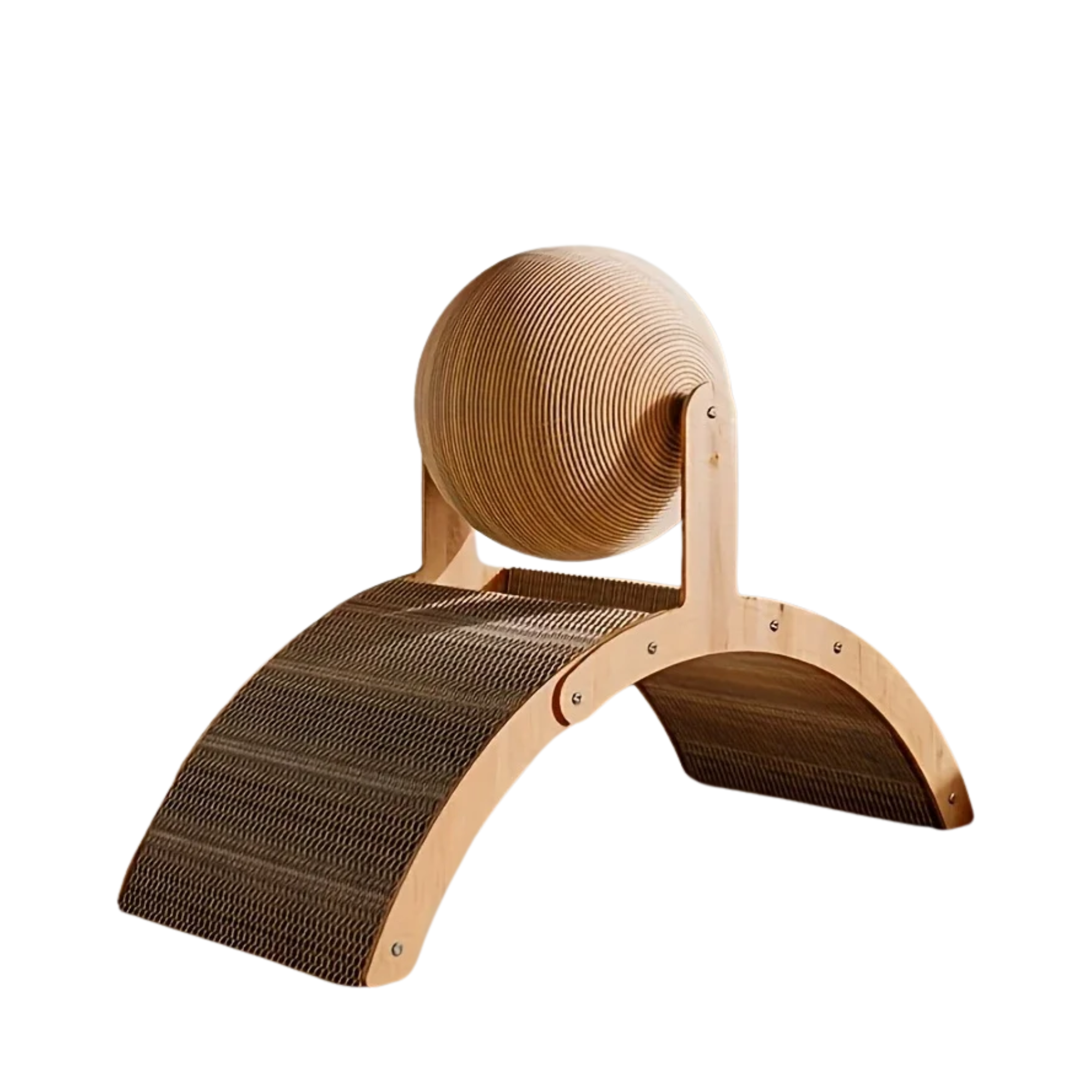 Wooden cat scratcher with a circular top and curved base on a white background