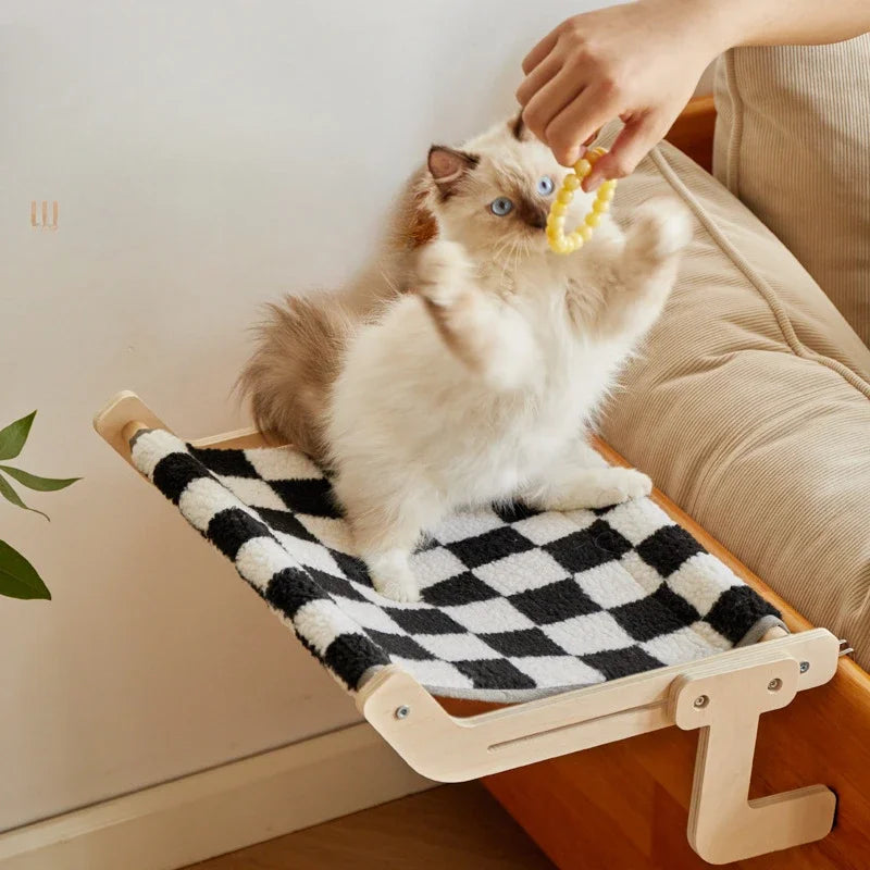 Cat playing while sitting on black and white checkered pet hammock by sofa.