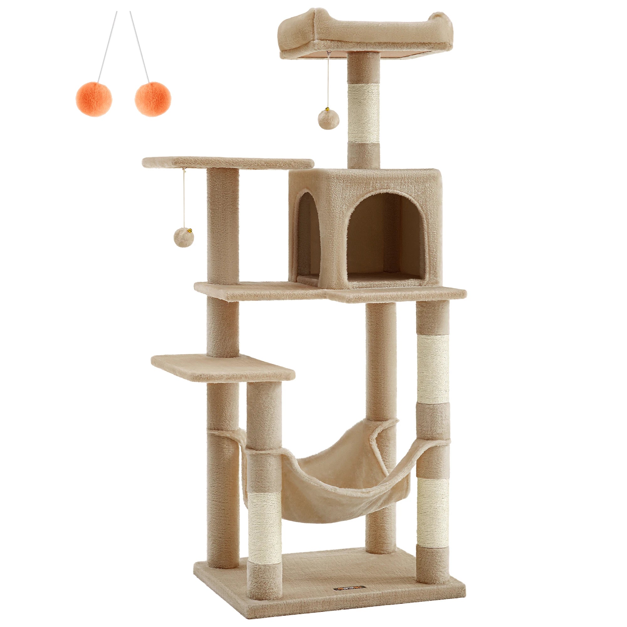 Beige cat tree with multiple levels, a hammock, and hanging toys on a white background