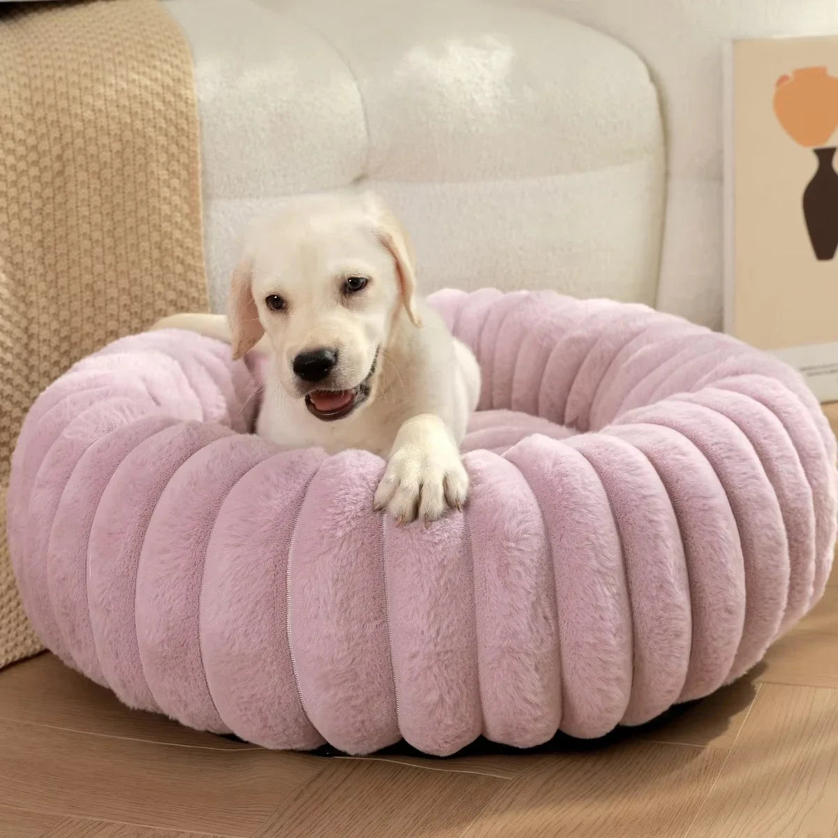 Dog lying on a pink plush donut bed in a cozy living room.