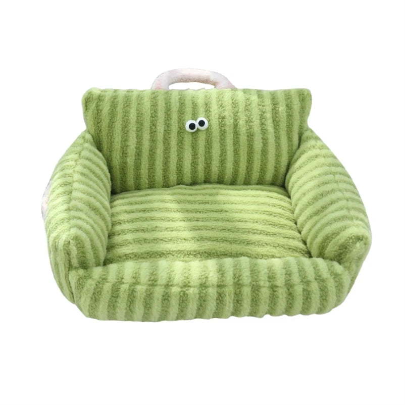 Green striped velvet pet bed with raised sides and portable handle.