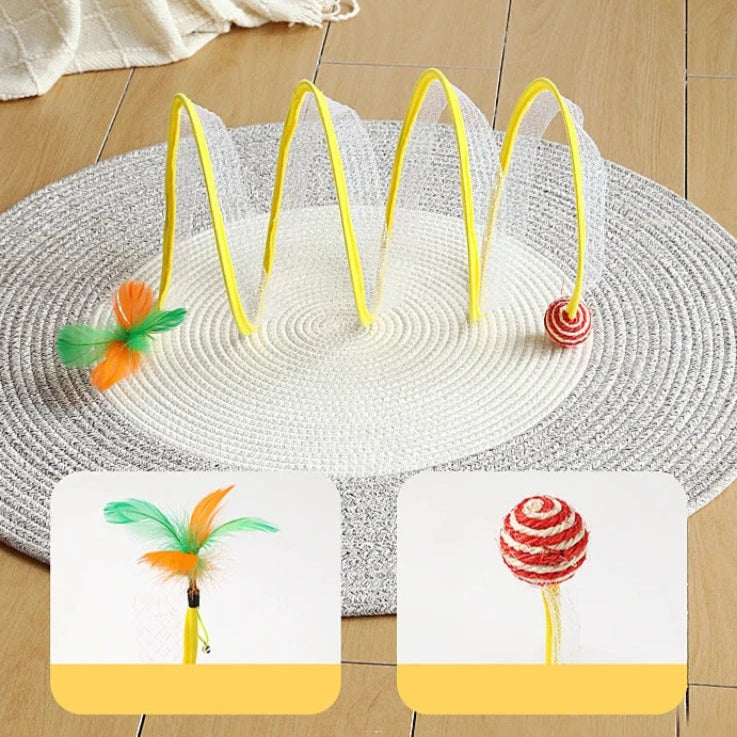Toy with yellow springs and colorful ends on a woven mat