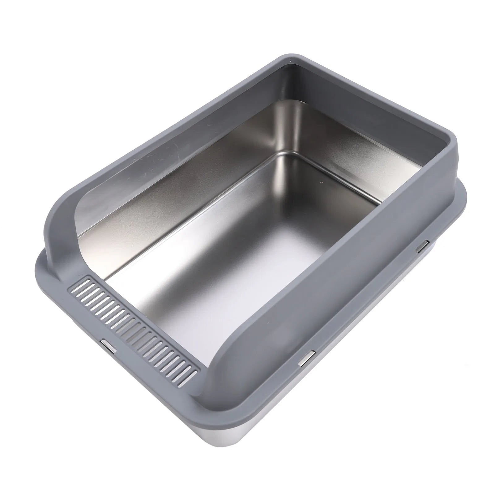 Side view of semi-enclosed stainless steel litter box 
