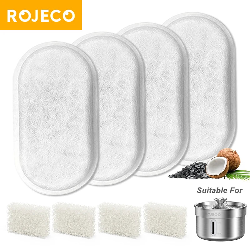 Four ROJECO water filter cartridges, filter elements, and a water dispenser on a white background.
