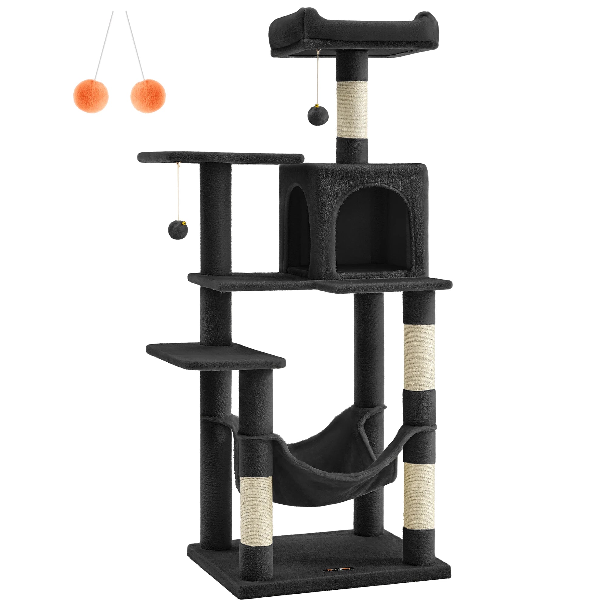 Black cat tree with multiple levels, a hammock, and hanging toys on a white background