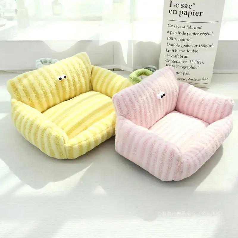 Yellow and pink velvet pet beds side by side – soft plush design for pets.