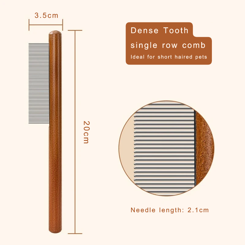 Pet grooming comb with dimensions and text on a white background