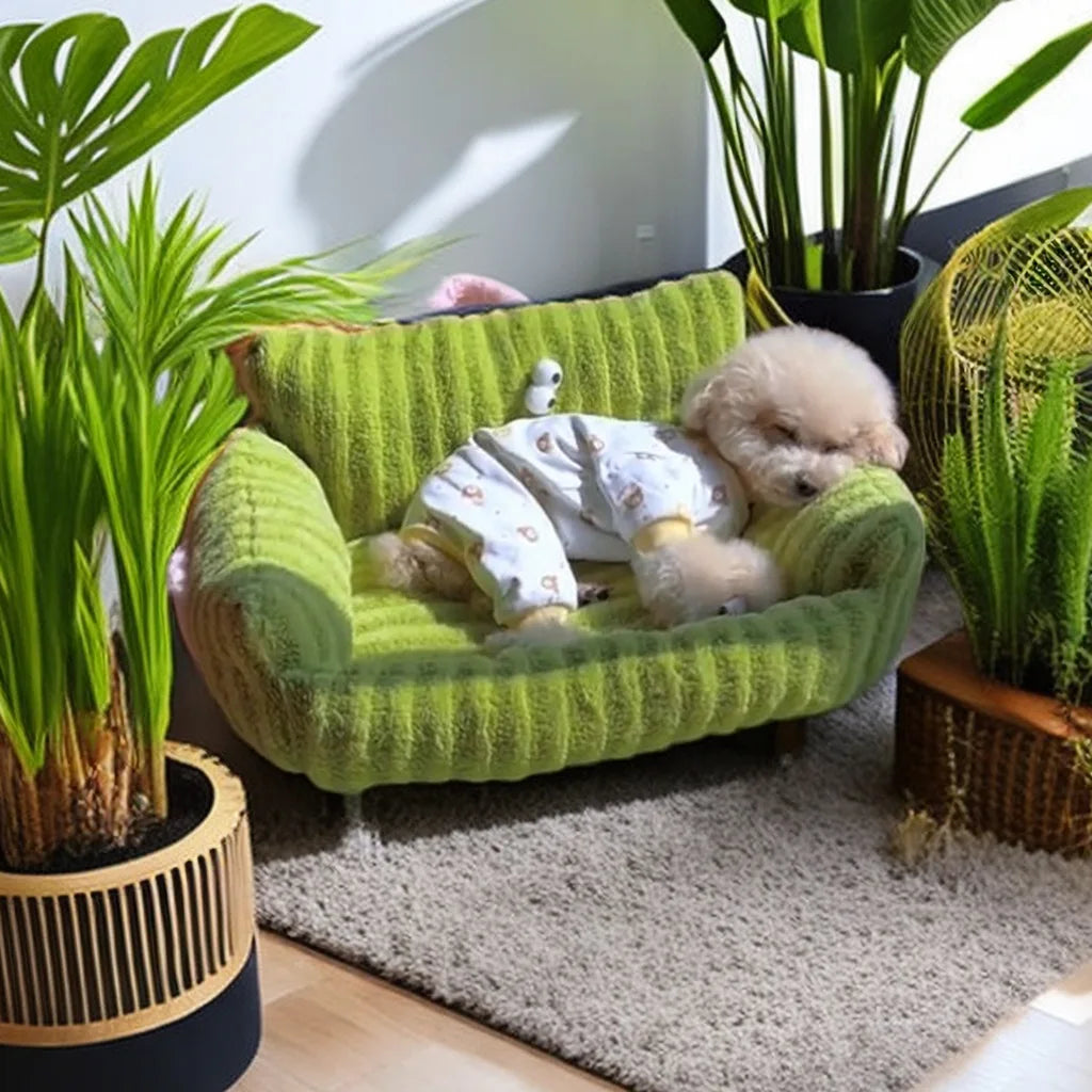 Small dog resting in a green striped velvet pet bed with cartoon eyes, placed in a cozy indoor room with plants.