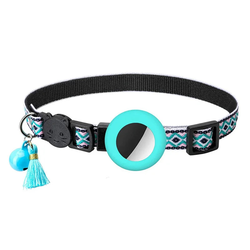 Pet collar in turquoise airtag holder and decorative elements on a white background