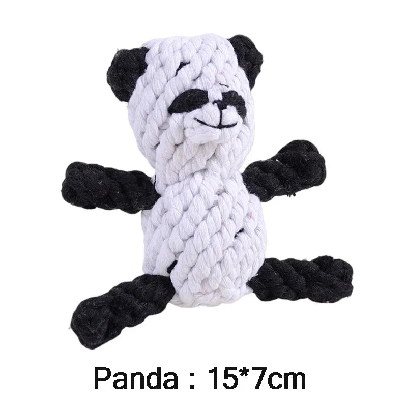 White and black panda-shaped rope toy on a white background