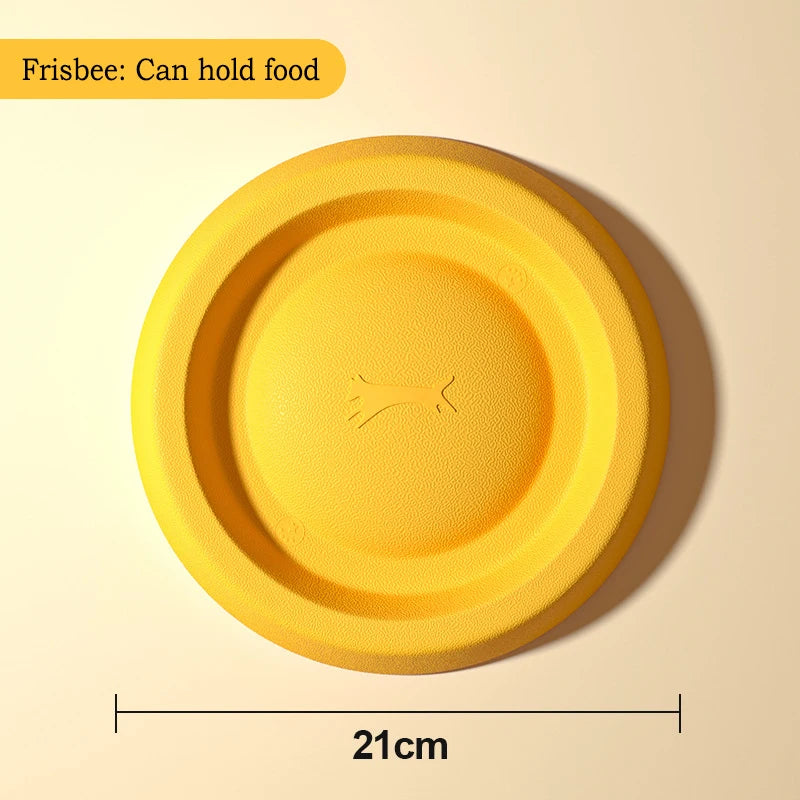 Yellow frisbee with a textured surface on a beige background, labeled 'Frisbee: Can hold food' and '21cm'.