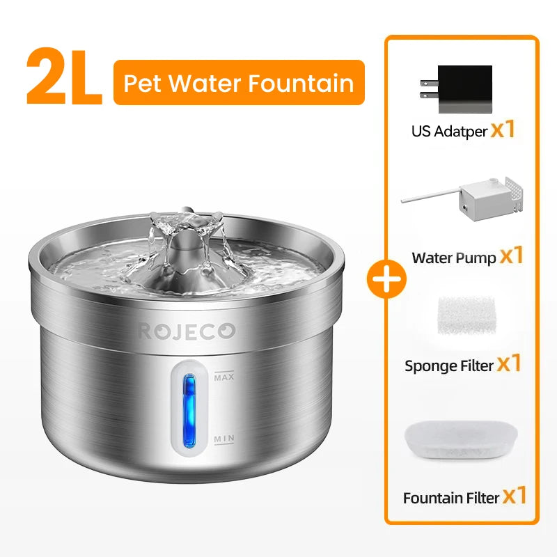 Pet water fountain with US adapter, water pump, sponge filter, and fountain filter on a white background