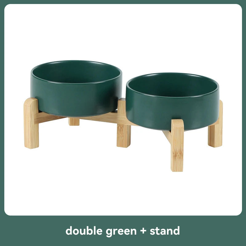 Green pet bowls on a wooden stand with 'double green + stand' text.