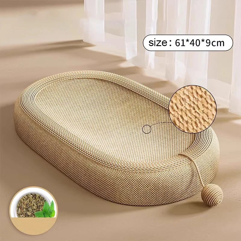 Oval cat scratcher bed with toy ball, size 61×40×9cm, eco-friendly material.