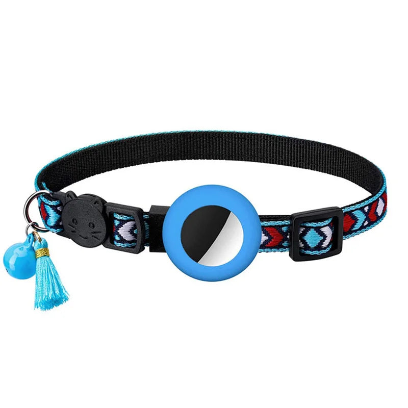 Cat collar with blue silicone airtag holderr and decorative elements on a white background
