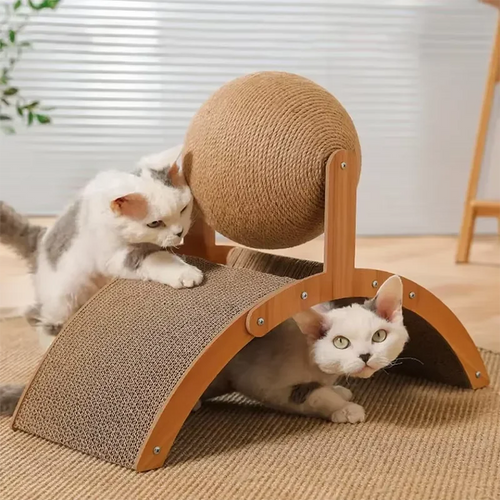 Two cats playing on wooden cat scratcher with sisal ball and curved board