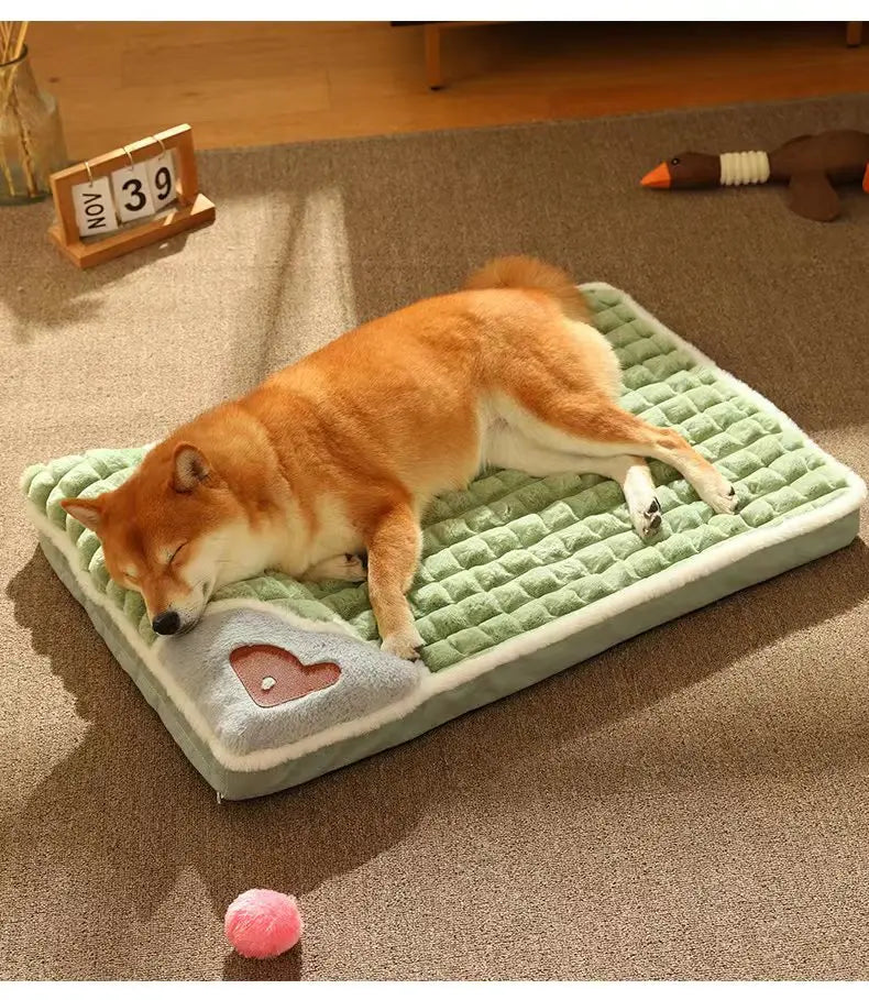 Dog sleeping on a green orthopedic bed with build-in elevated pillow in a room setting.
