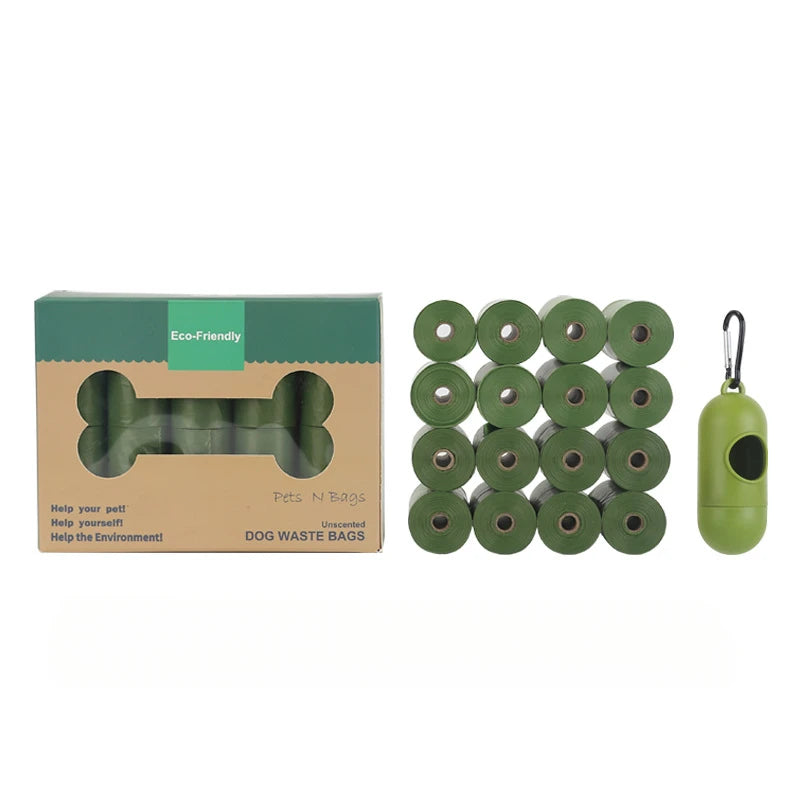 16-roll pack of eco-friendly dog waste bags with included dispenser.