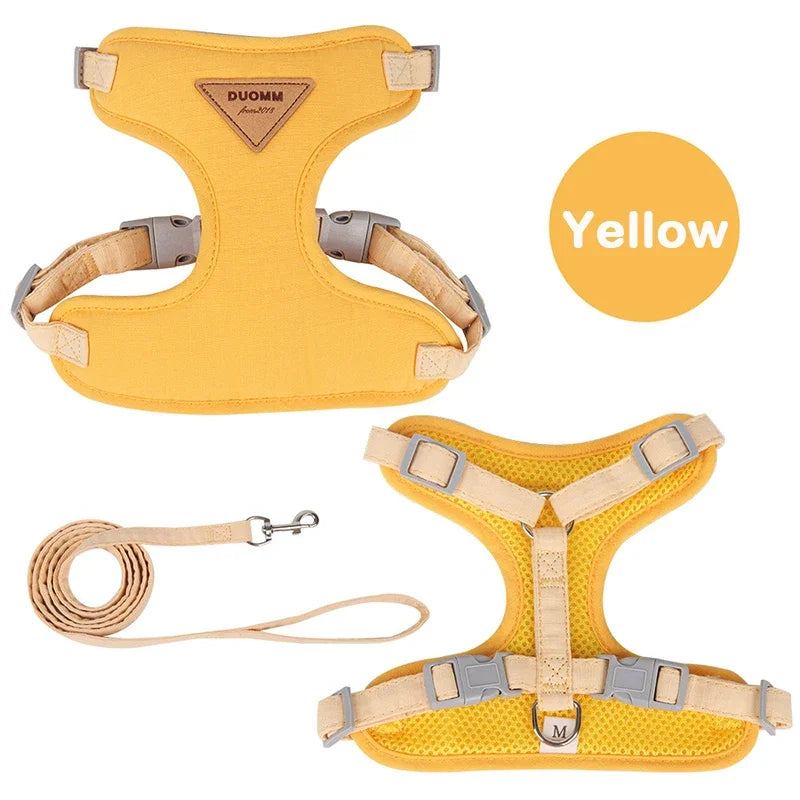 Yellow pet harness with matching leash, adjustable design for cats and dogs.